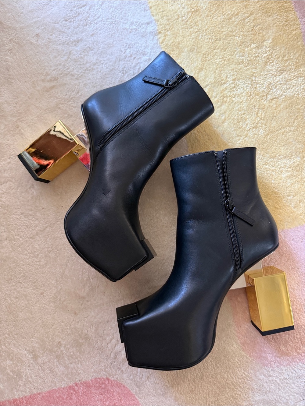 United Nude Black Leather Platform Ankle Boots with Gold Block Heel